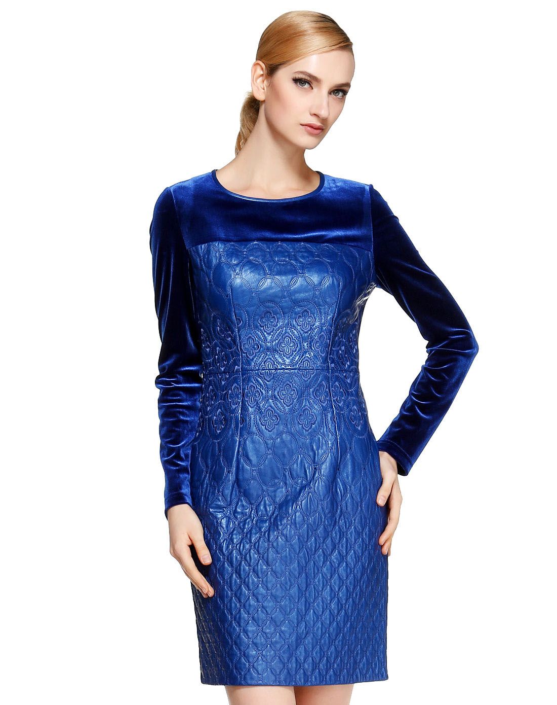 马天奴旗下女装皮草马天奴蓝色淑女刺绣拼料长袖皮连衣裙msa036lc1834