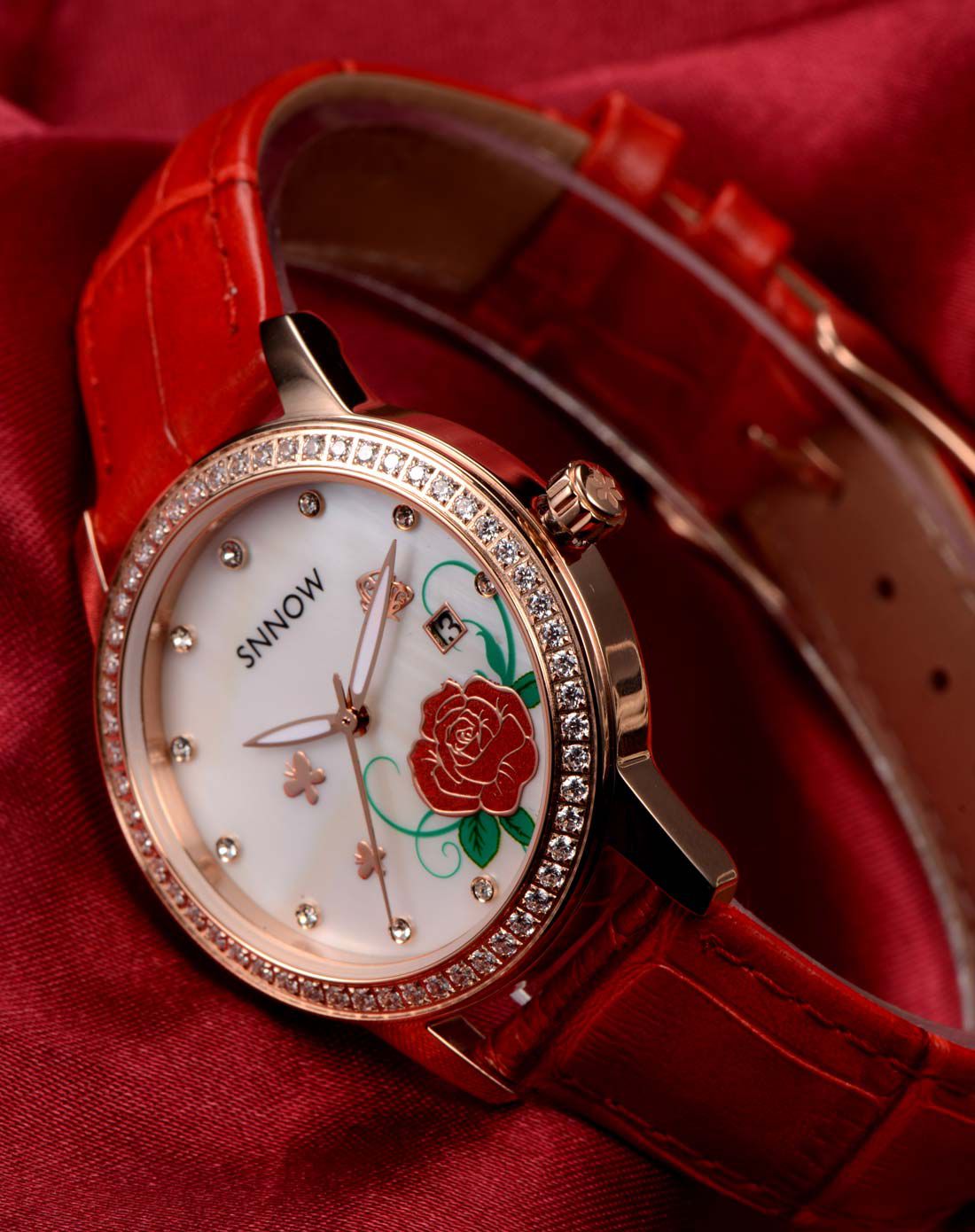 casima手表专场 casima 贝壳面隽永迷人山茶花日历石英皮带红色女表