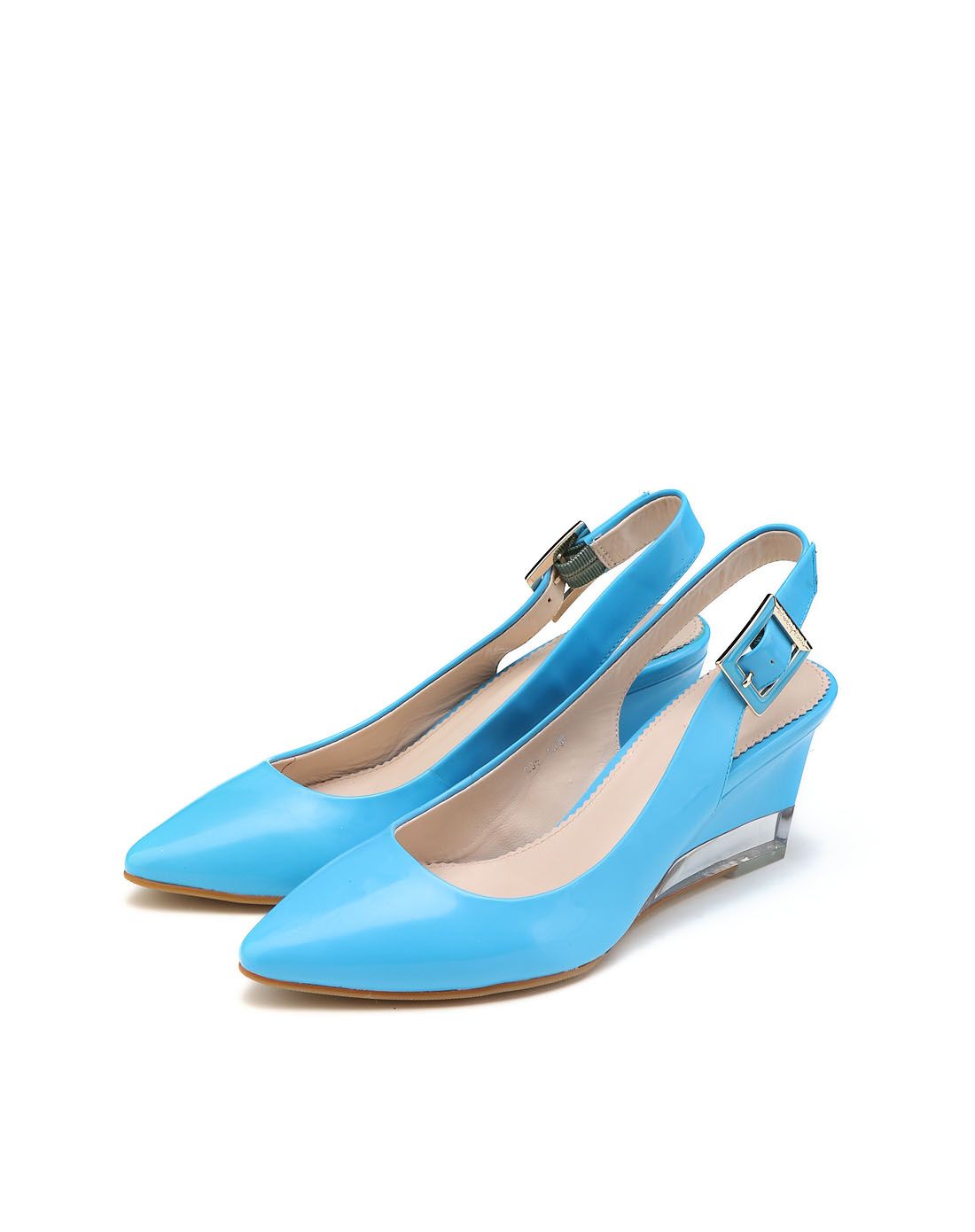 purabianca浅蓝色素面简约尖头坡跟后空单鞋