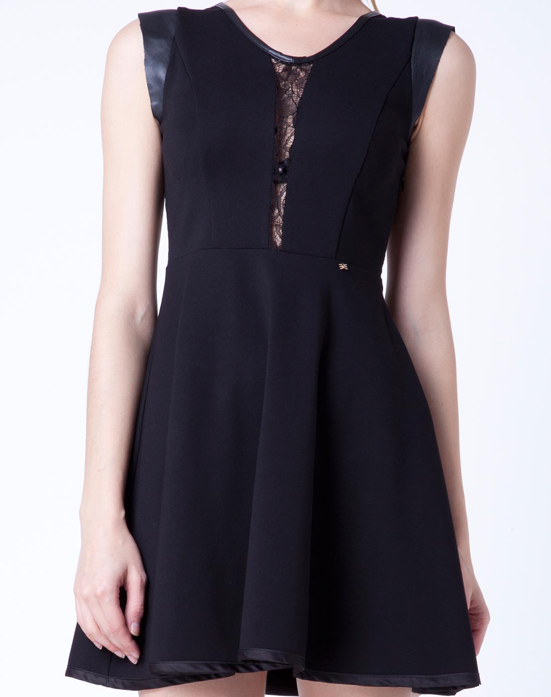 黑色无袖拼接性感镂空蕾丝花纹连衣裙