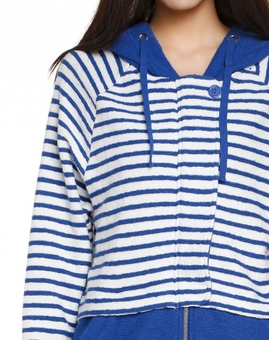 白/蓝色条纹连帽长袖针织外套