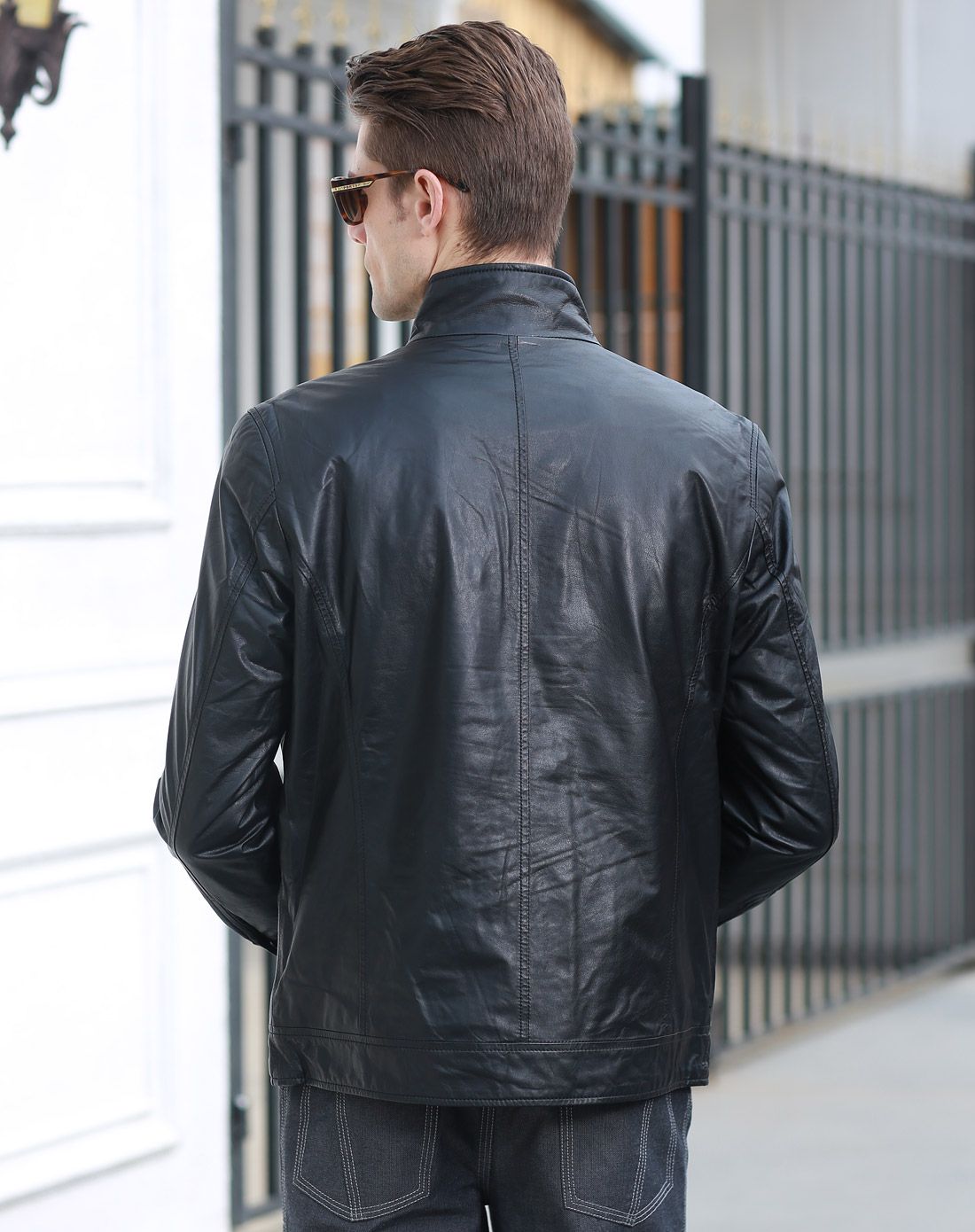 男款黑色立领薄棉皮衣