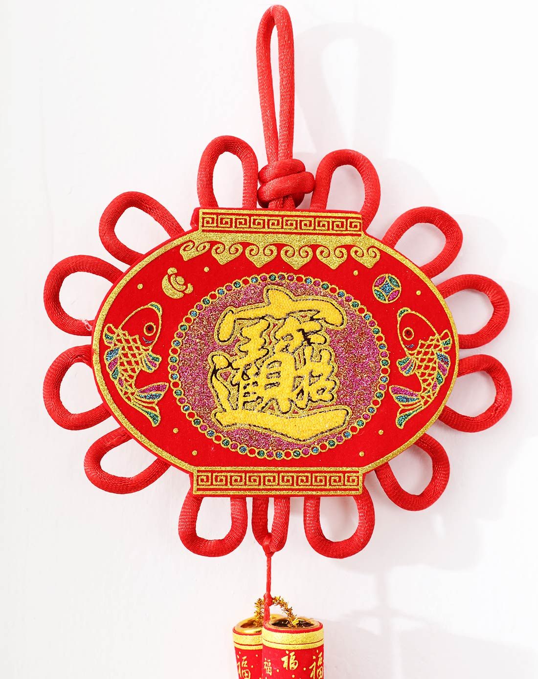 jm高品新年纳福吉祥红火米珠板挂12头4号鞭炮福字挂件