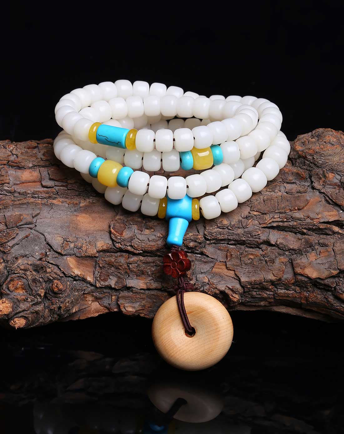 白玉菩提根108配崖柏平安扣念珠手串