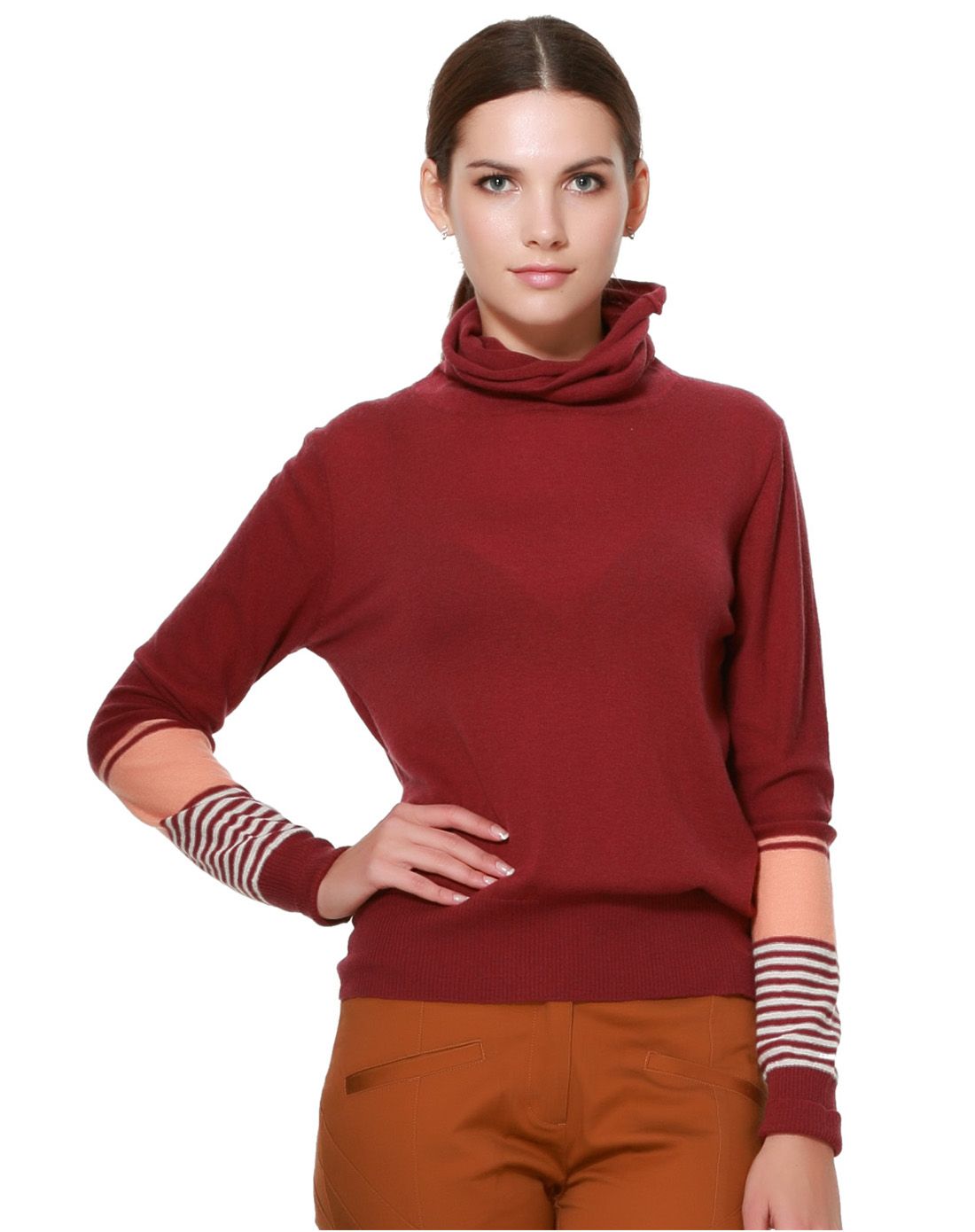 石榴红高领个性拼色针织衫