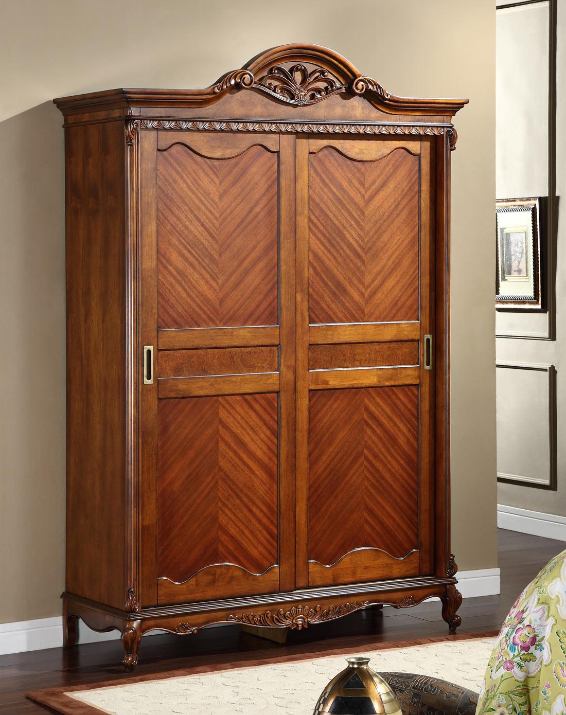 美式实木雕花双门衣柜大容量推拉门衣橱衣柜