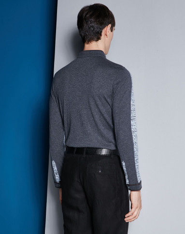 蓝色花纹灰色立领拼接羊毛长袖开衫t恤