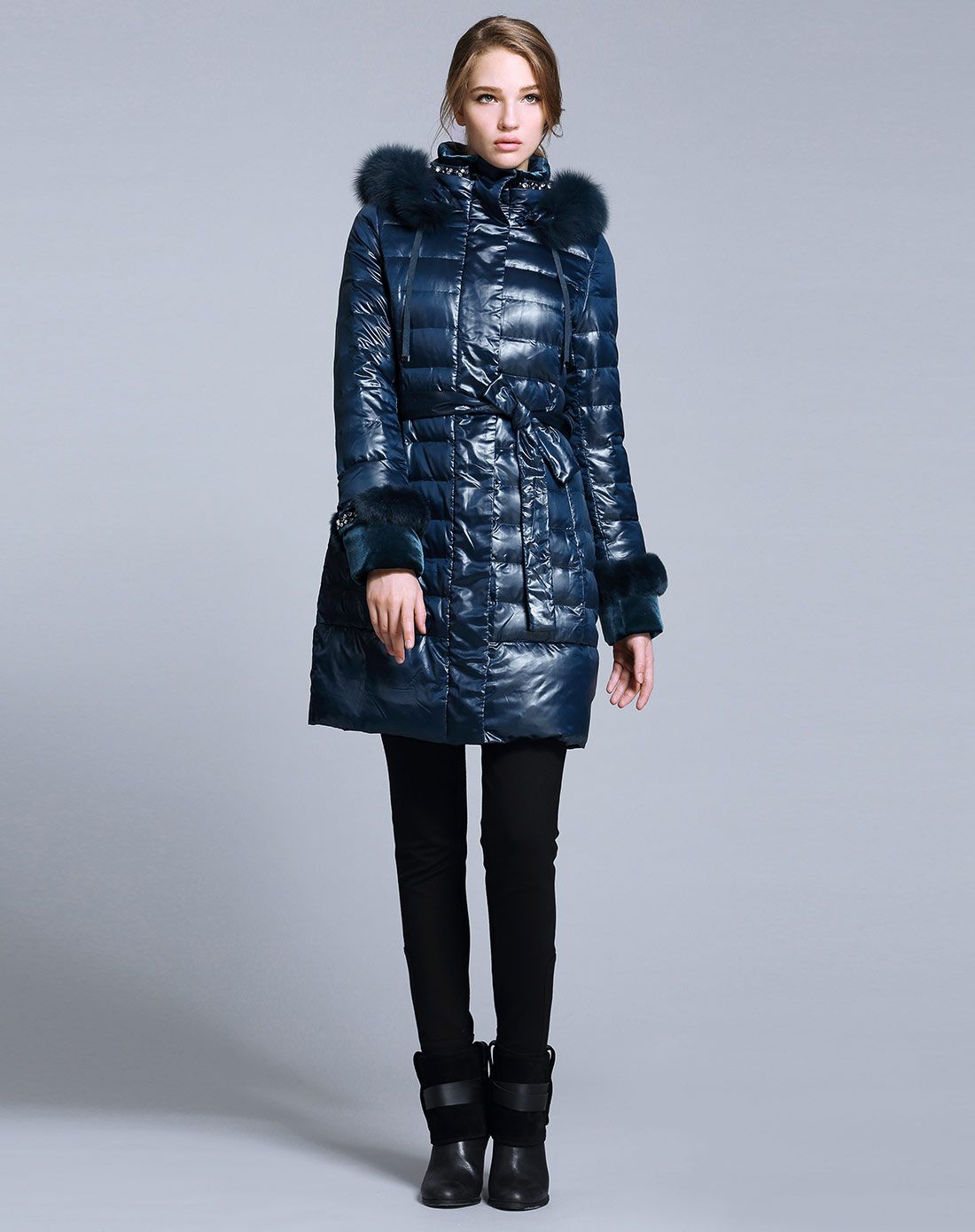 卡雷尔cerel vogue孔雀蓝时尚百搭系腰带长款羽绒服2e340014801463