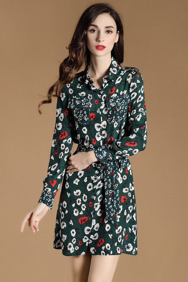 印花开襟长袖连衣裙