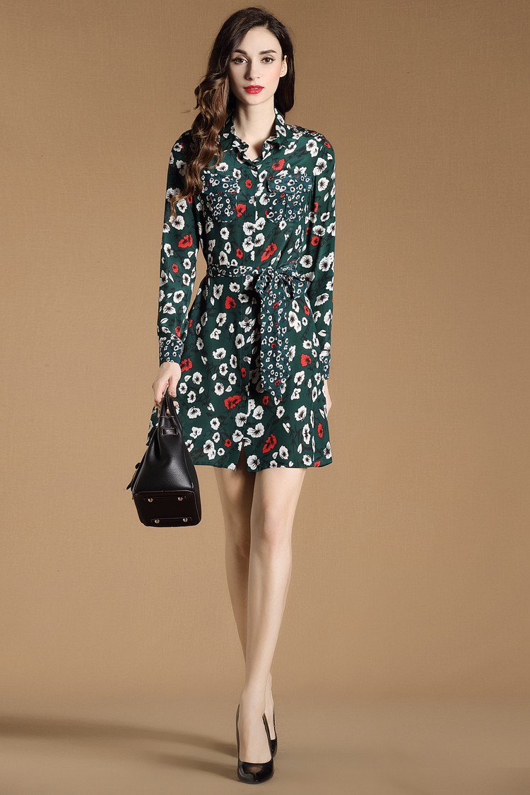 印花开襟长袖连衣裙