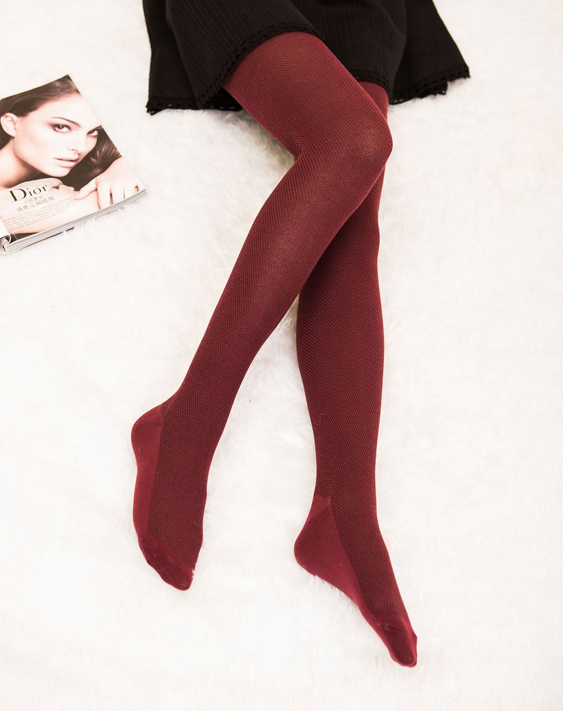针织毛线连裤袜(酒红色)