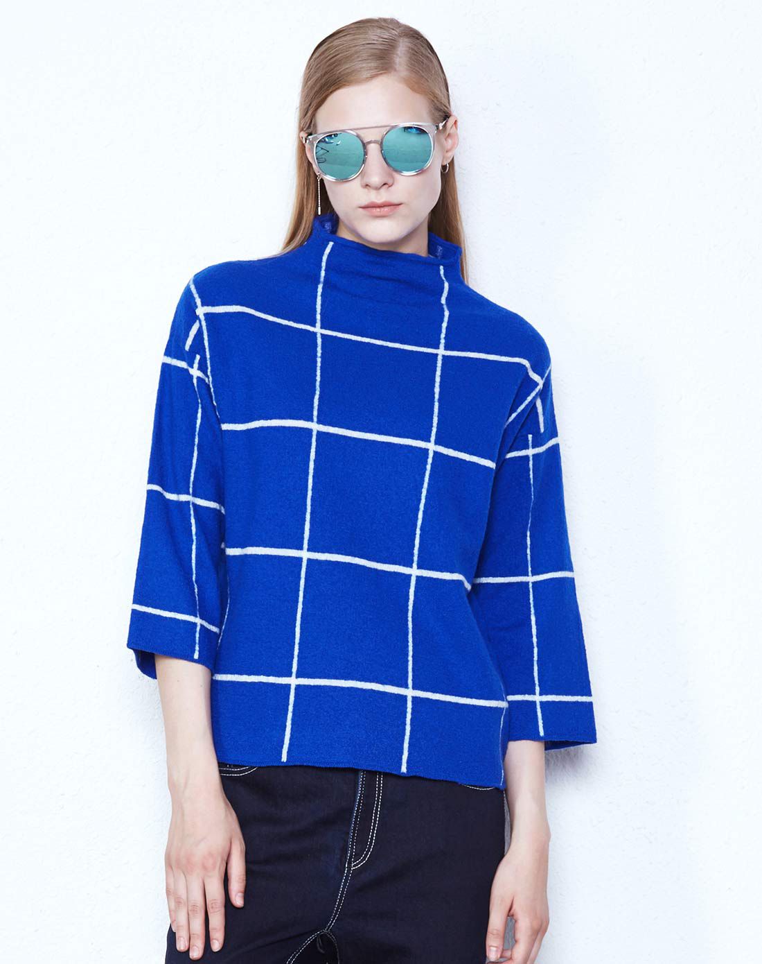 razuula蓝格纹纯羊毛七分袖针织衫715233332034722_唯品会