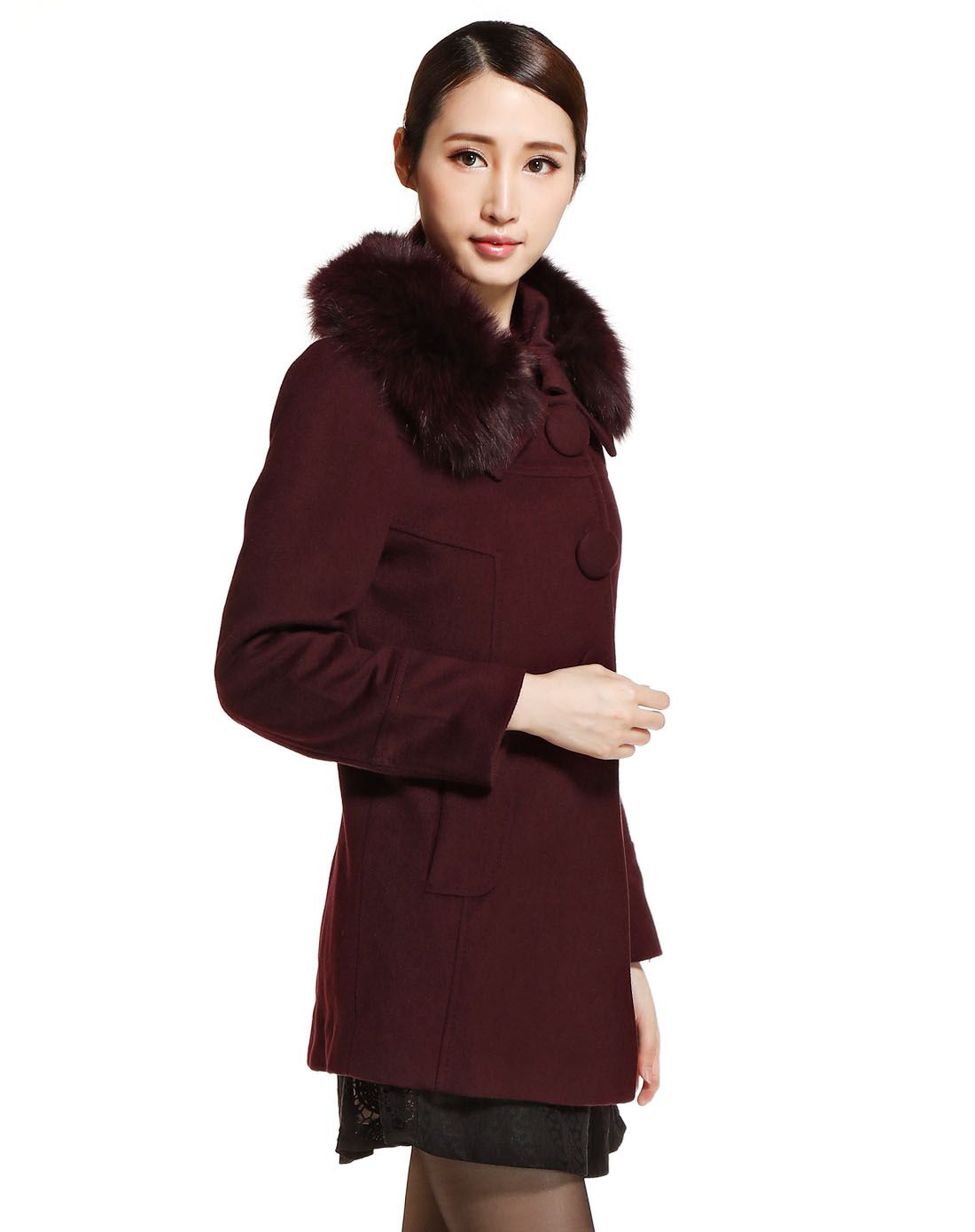 深枣红色优雅气质修身长袖大衣