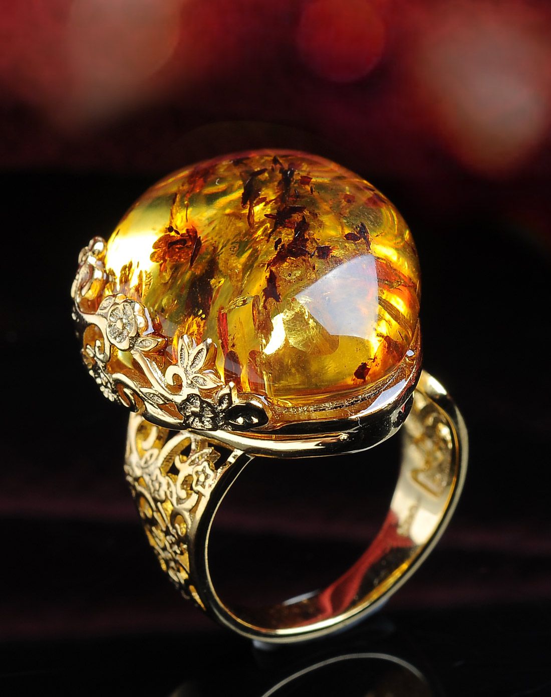 亿珍阁琥珀蜜蜡专场亿珍阁 福至眼前925银花珀镂空梅花戒指14-16#dd