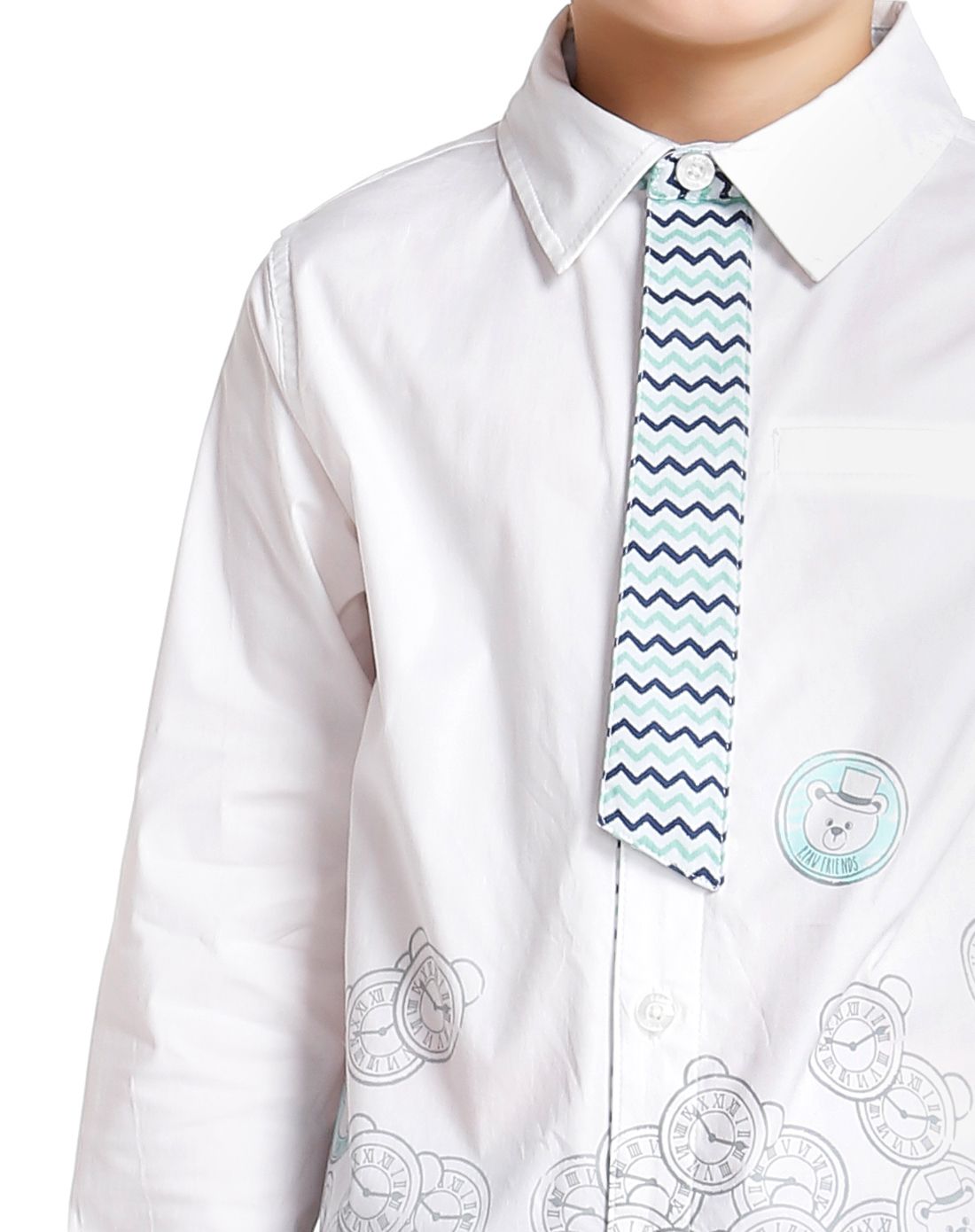 男童白色时钟图案长袖衬衫