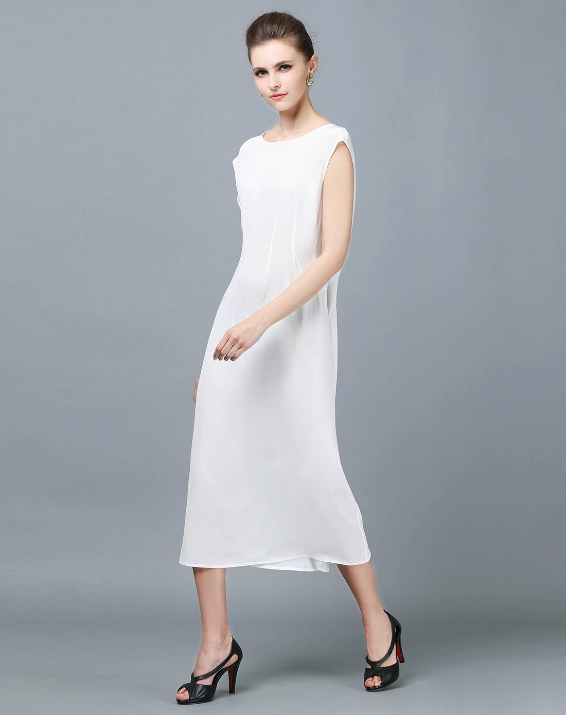 简约圆领纯白色包袖真丝连衣裙