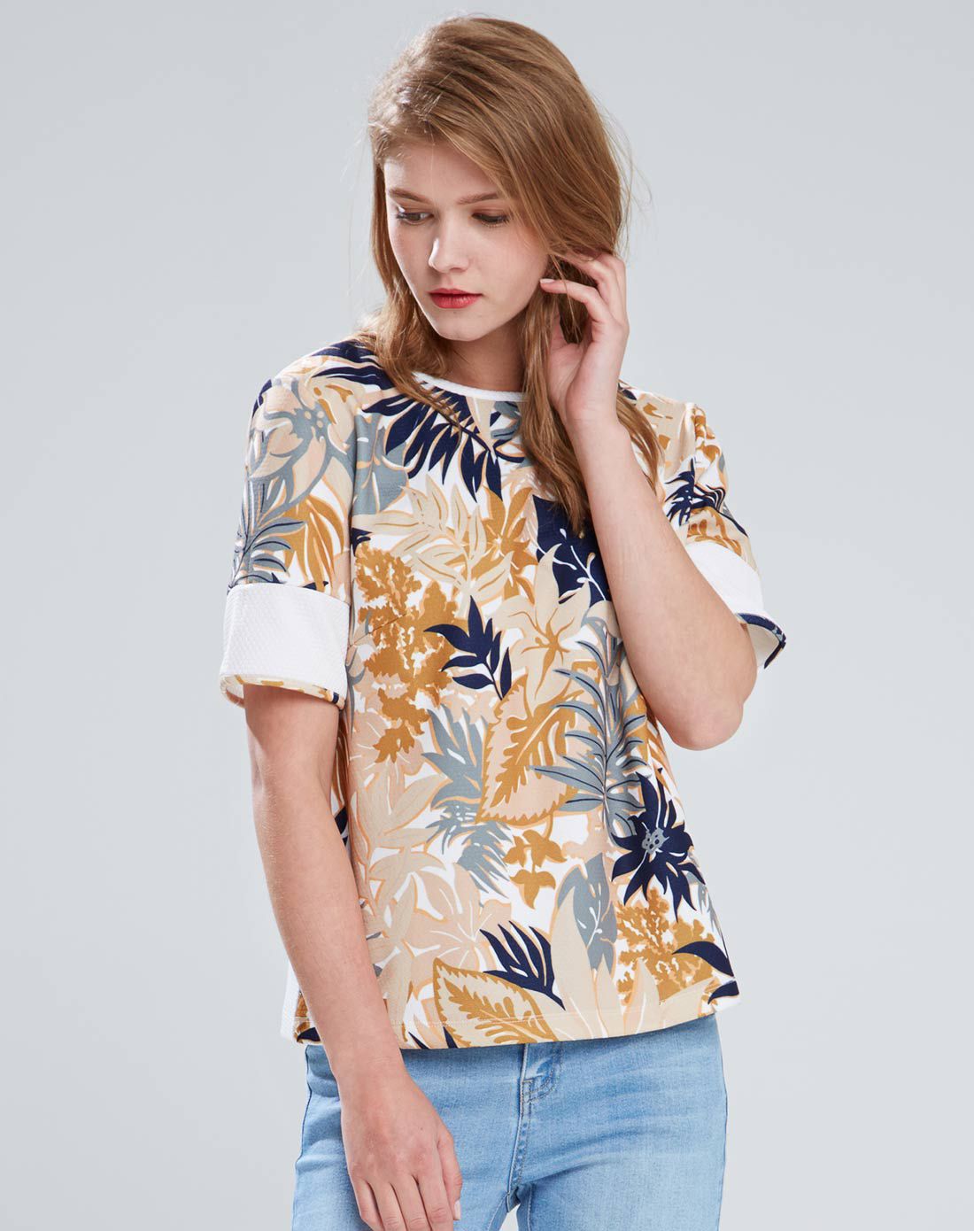 热带风情植物印花短袖衬衫