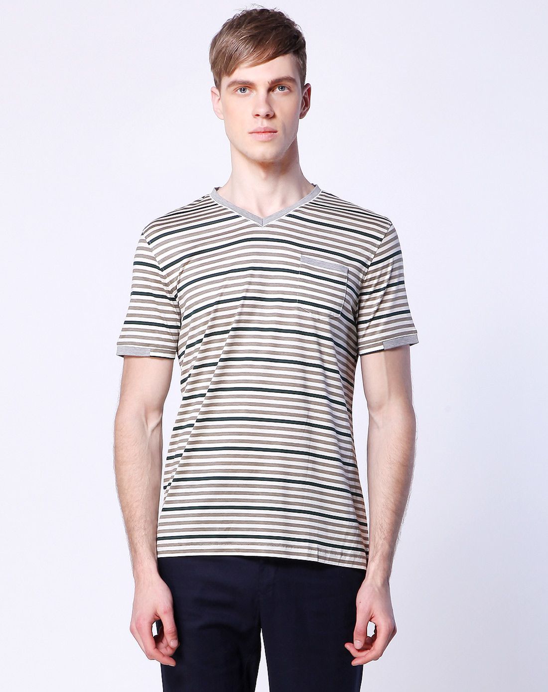 经典条纹v领天丝棉短袖t恤