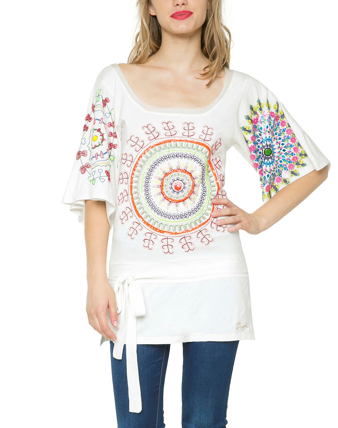 desigual女款白色曼陀罗印花束腰上衣