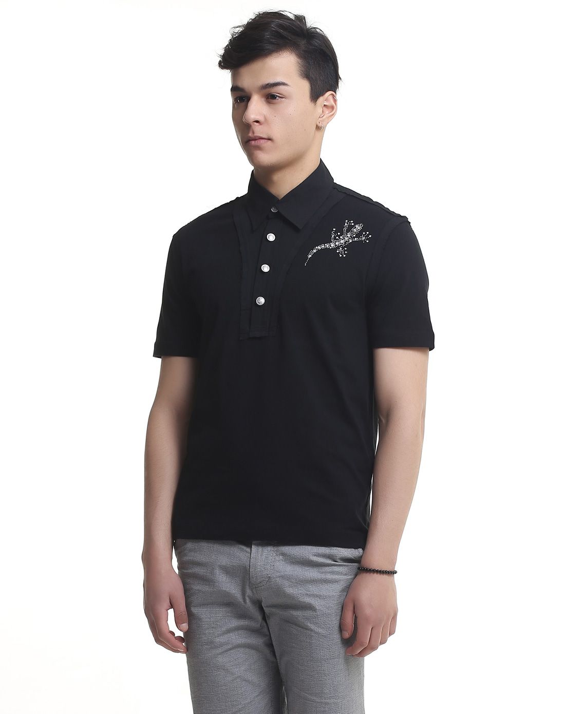 gather jewels男装移动专场全棉黑色打底浅灰色小壁虎印花时尚休闲款