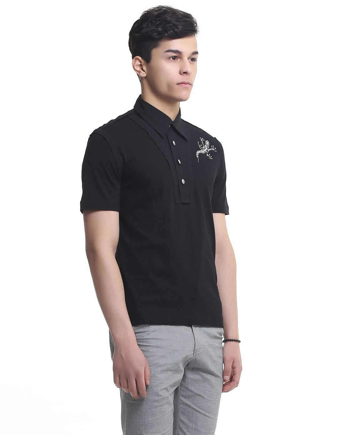 gather jewels男装移动专场全棉黑色打底浅灰色小壁虎印花时尚休闲款