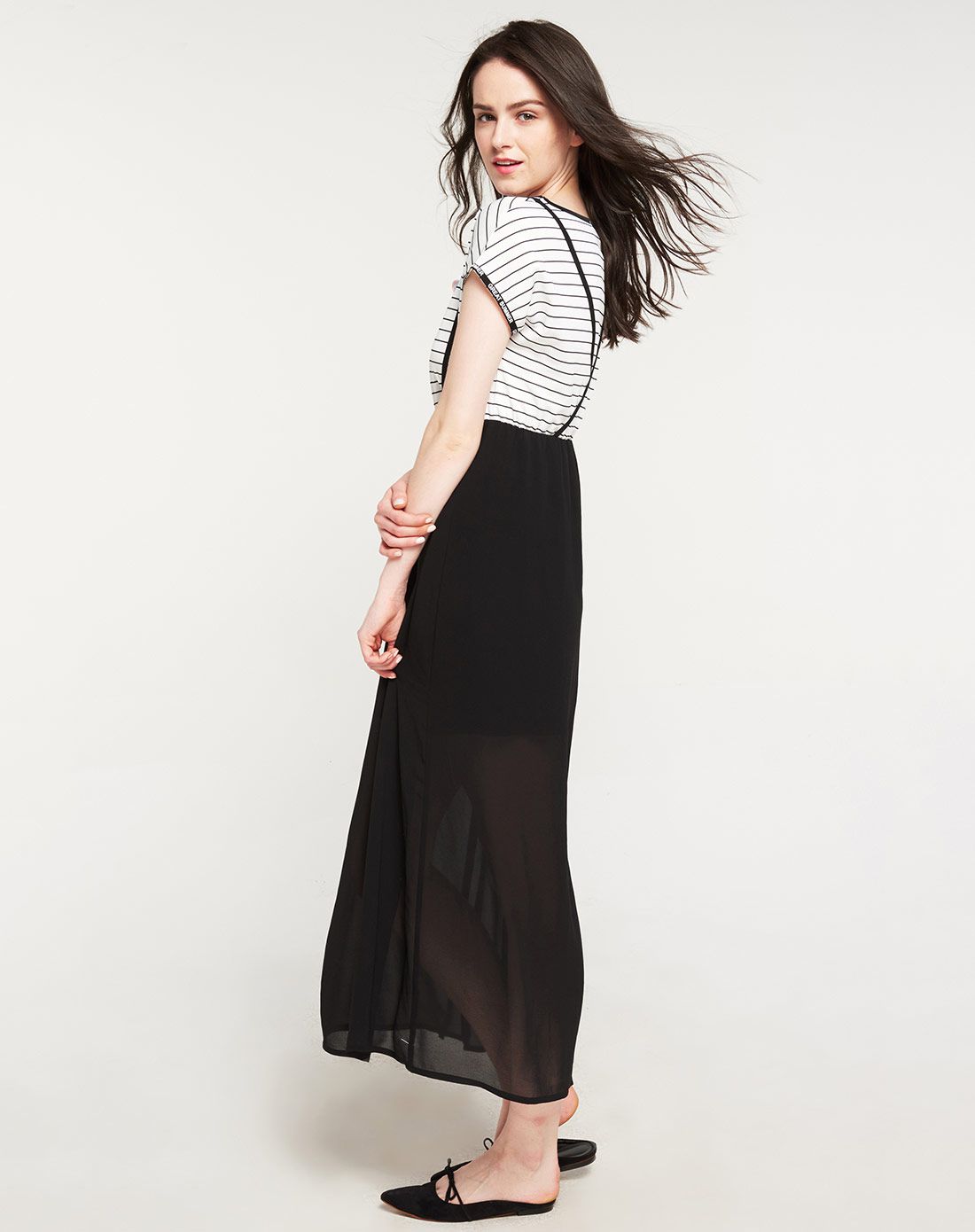 撞色条纹雪纺休闲连衣裙