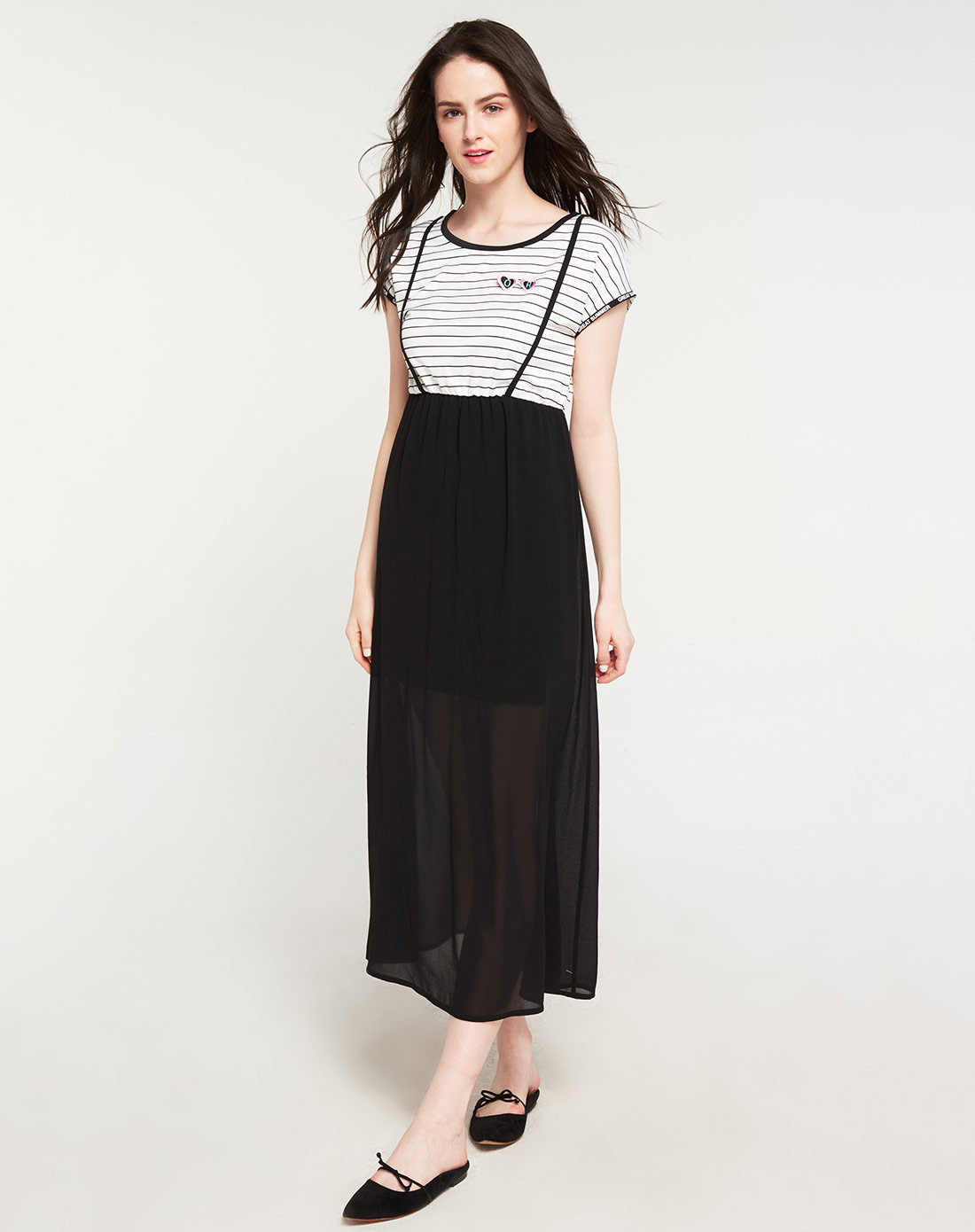 撞色条纹雪纺休闲连衣裙