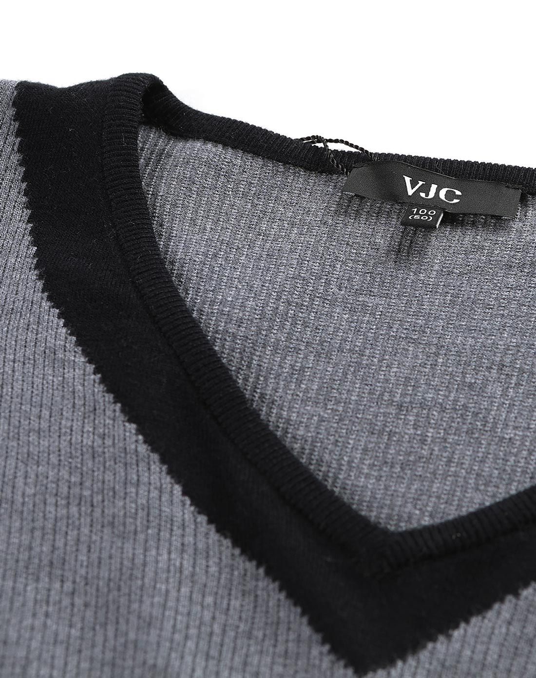 灰色撞色v领休闲毛衫