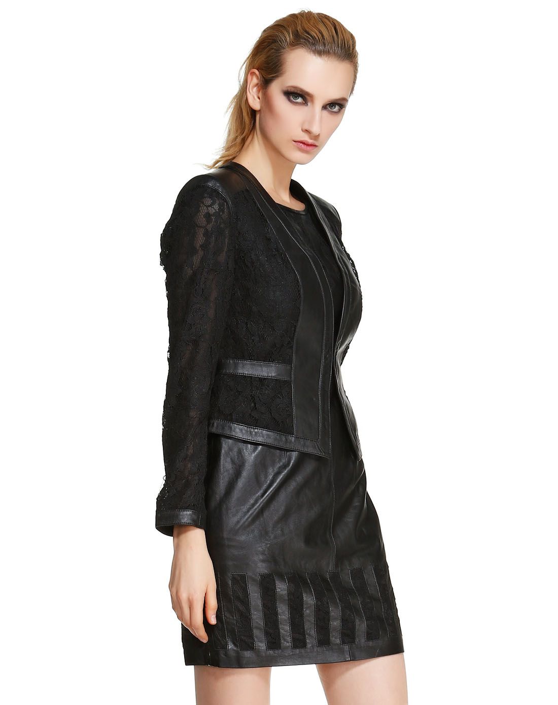 马天奴旗下女装皮草kodice黑色拼蕾丝淑女长袖皮衣ksa106lc1-110_唯品