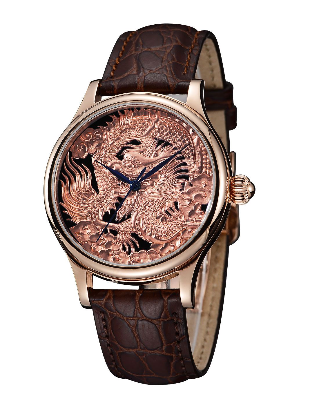 上海牌 手表全自动机械镀金中国龙浮雕表盘蓝钢指针腕表