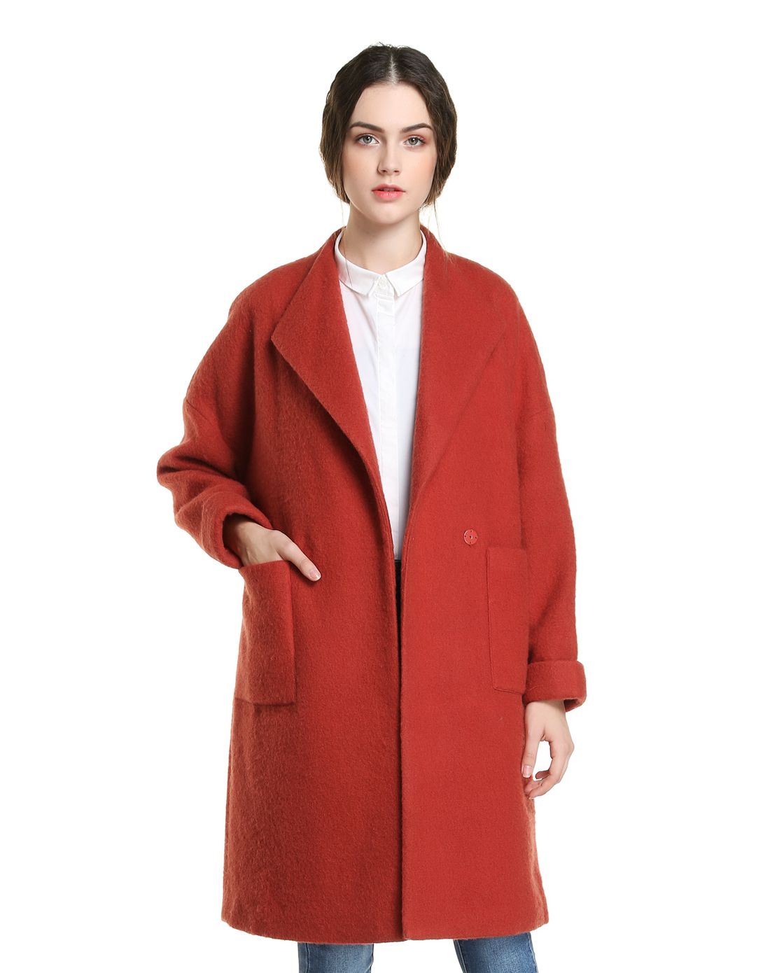德桑深橙红色优雅大方长款长袖大衣