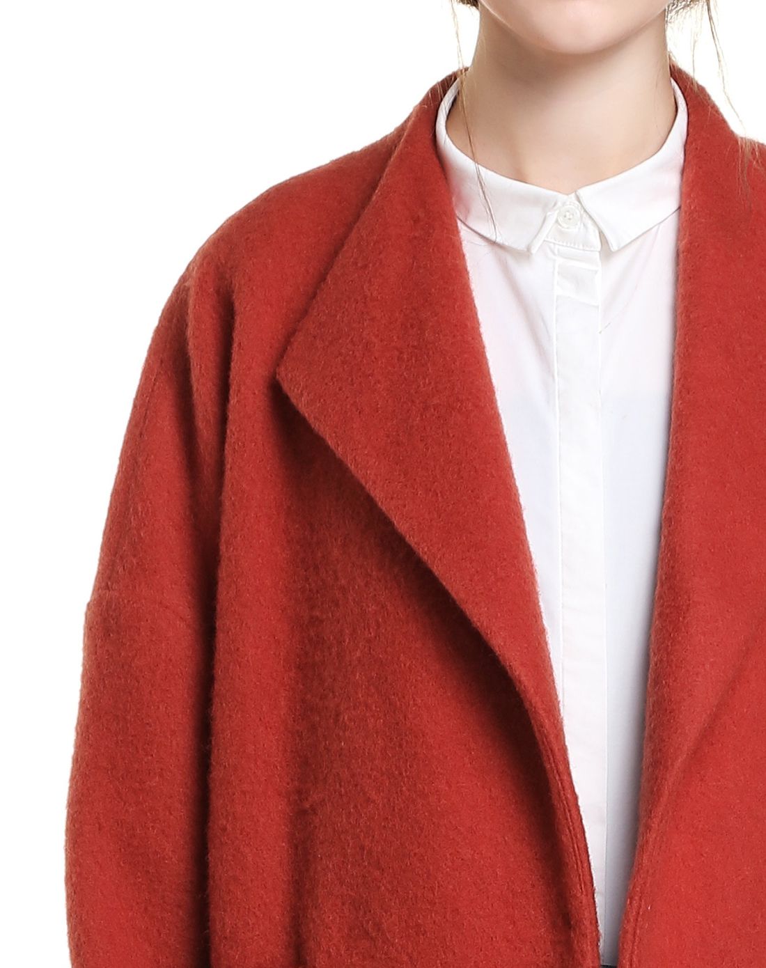 德桑深橙红色优雅大方长款长袖大衣