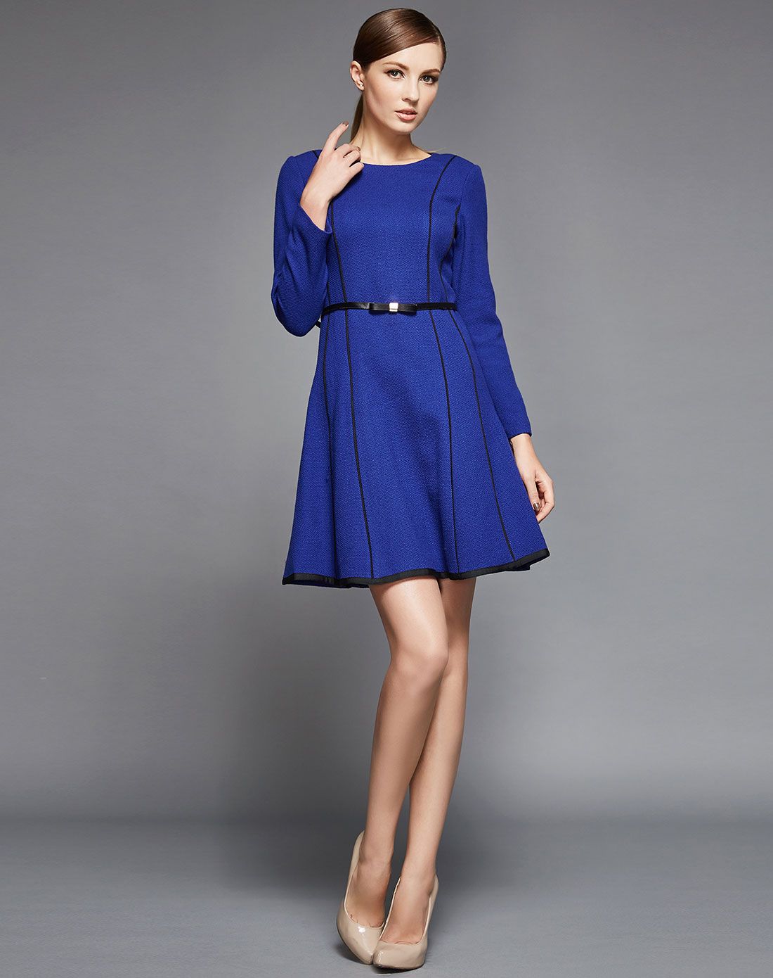 名师路宝蓝色圆领长袖简约连衣裙tw62545-53_唯品会