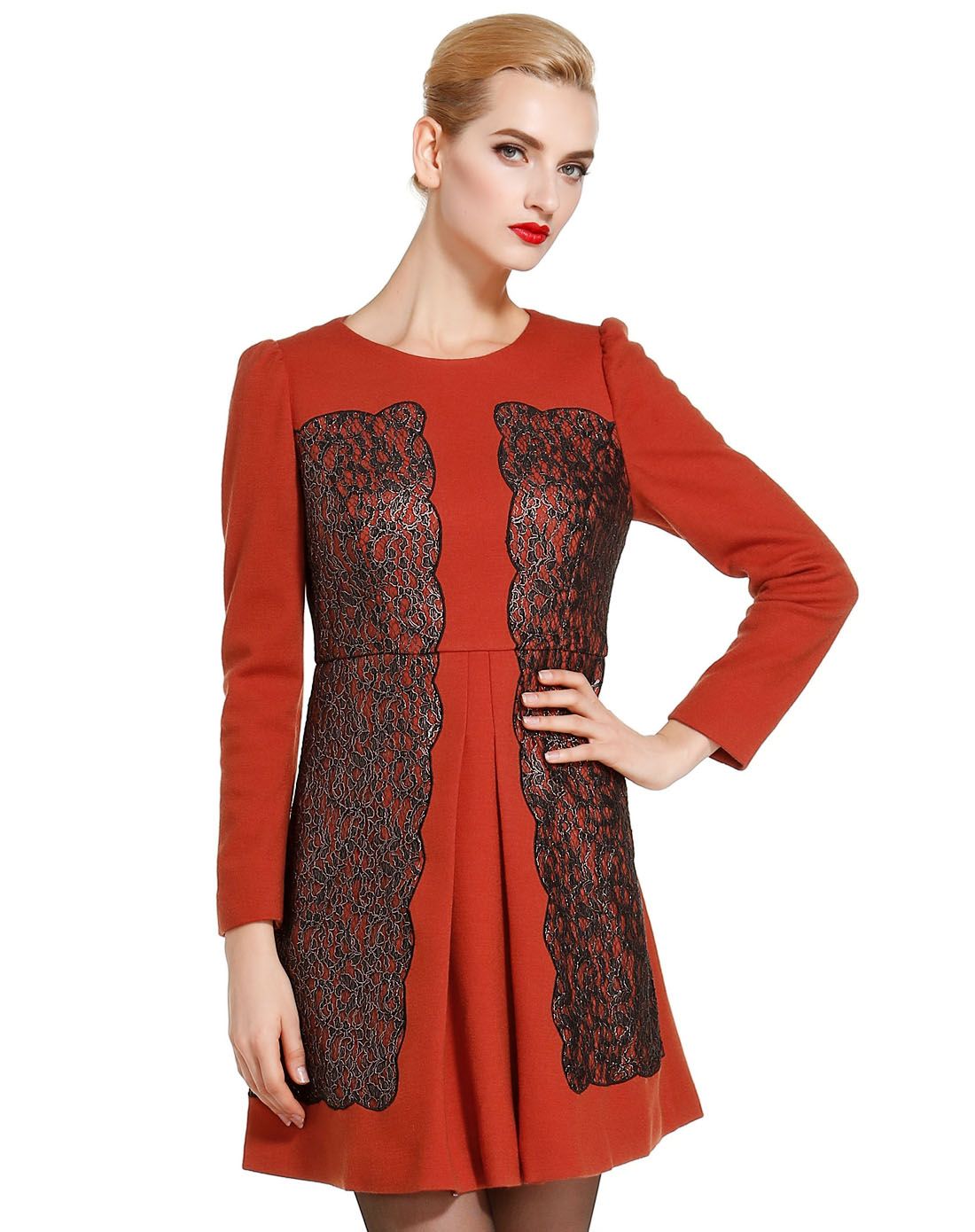 深橙红色淑女亮丽长袖连衣裙