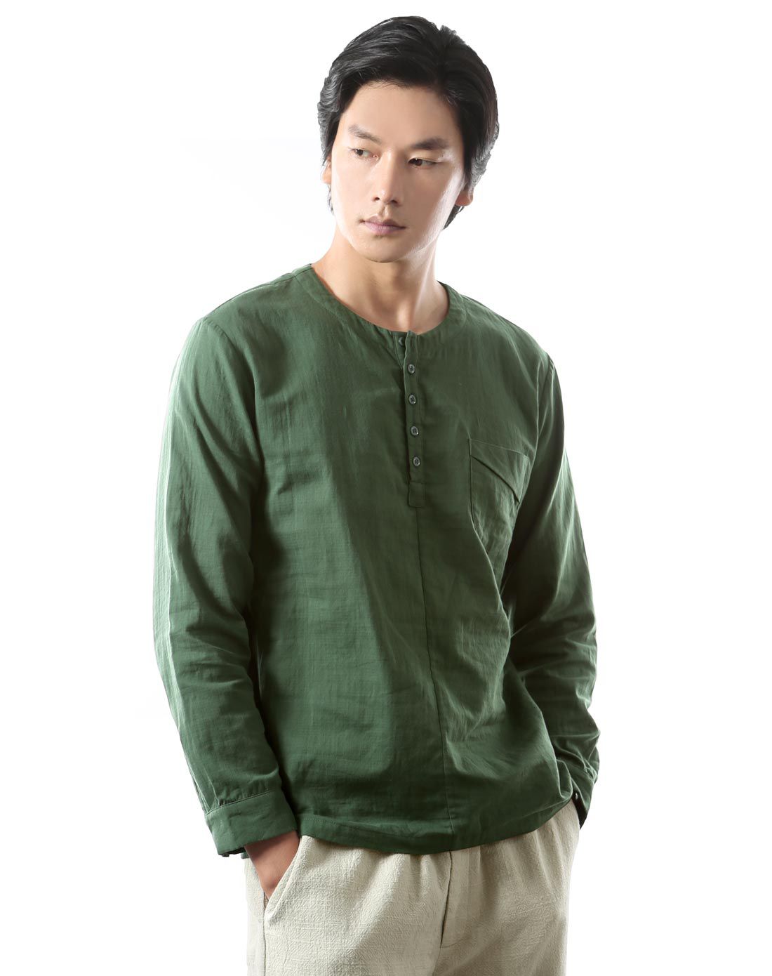 深绿复古圆领衬衣宽松长袖男士衬衫