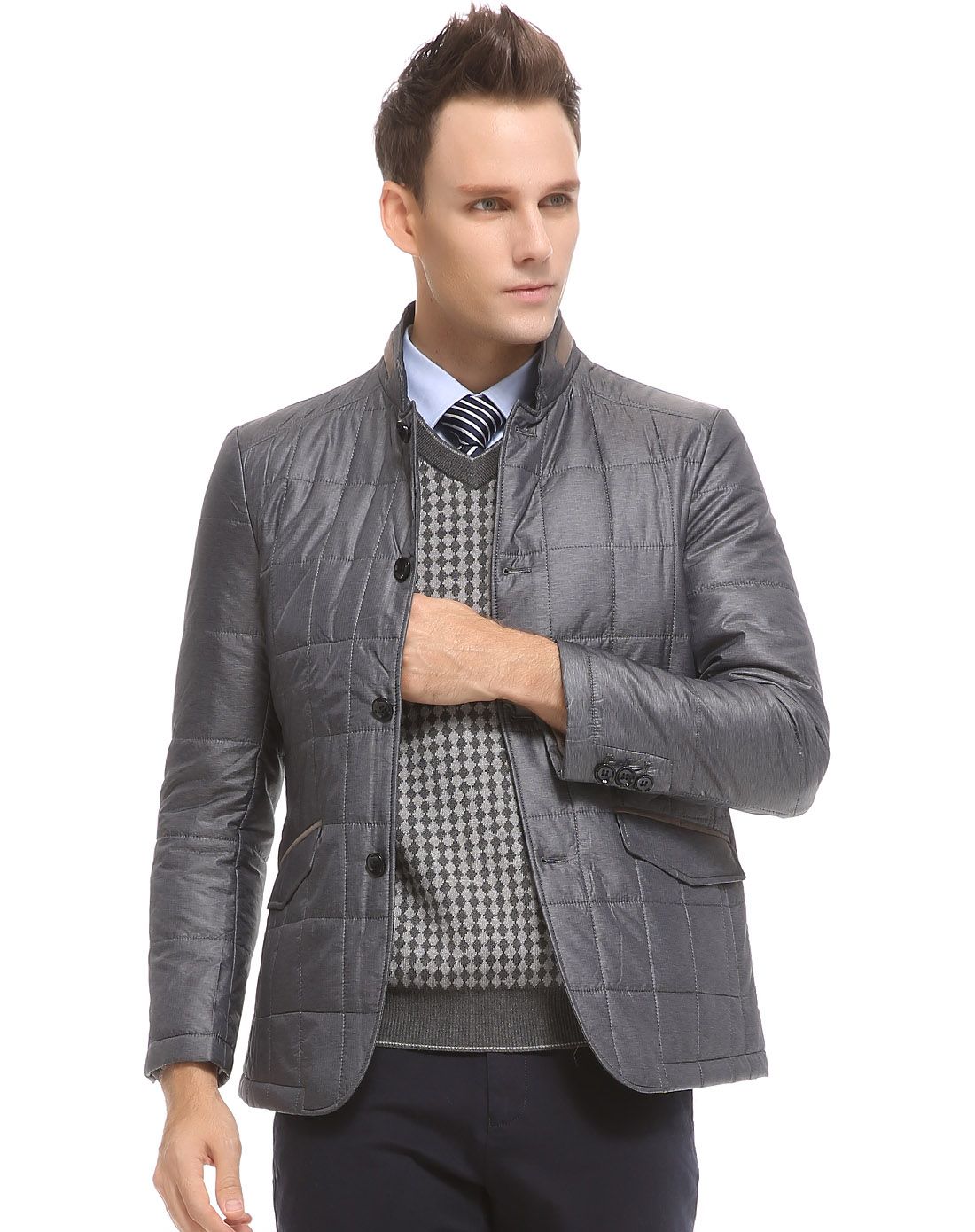 圣加诺夫sankelloff格子车线稳重商务立领钮扣款薄棉服pd320521_唯品