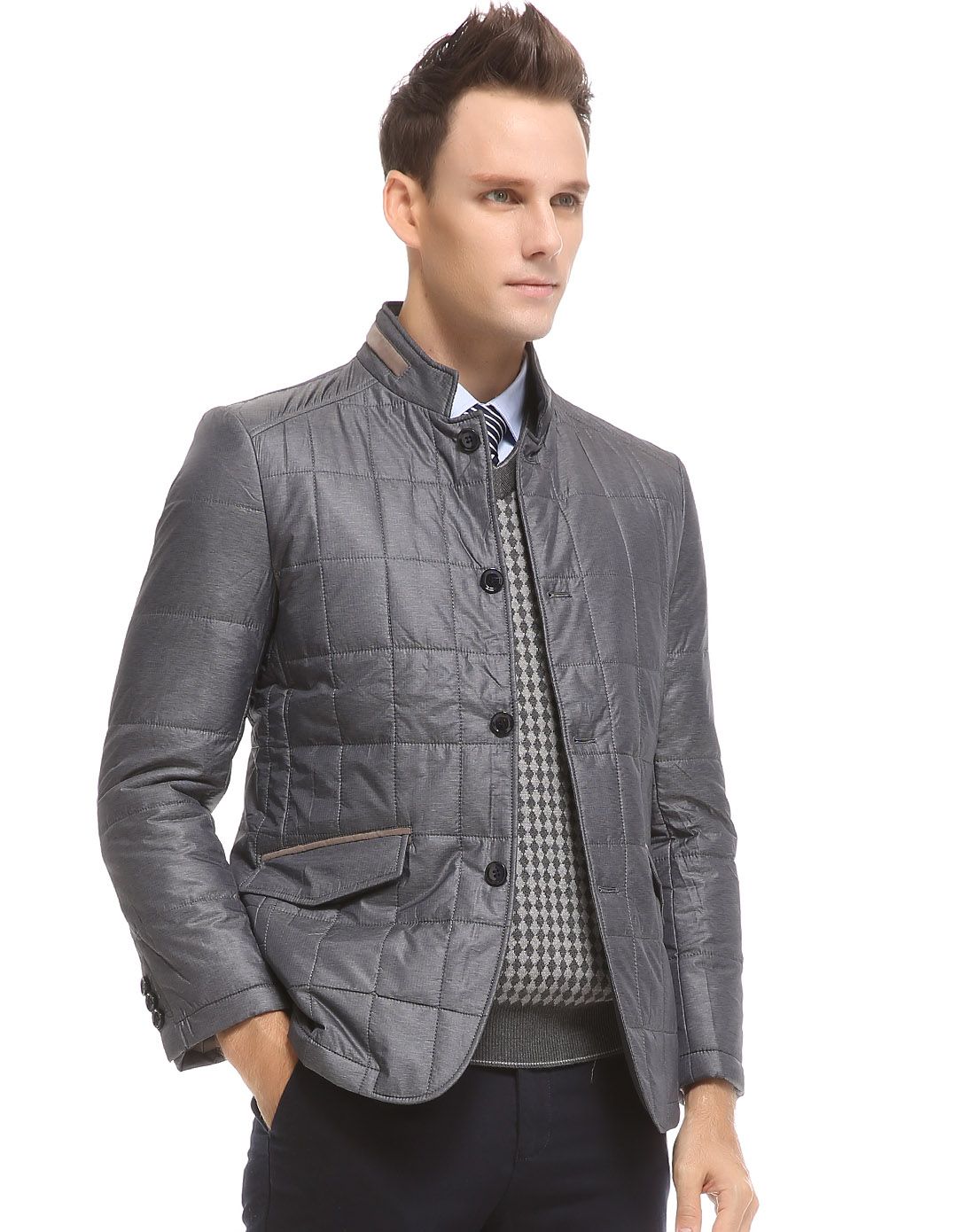 圣加诺夫sankelloff格子车线稳重商务立领钮扣款薄棉服pd320521_唯品