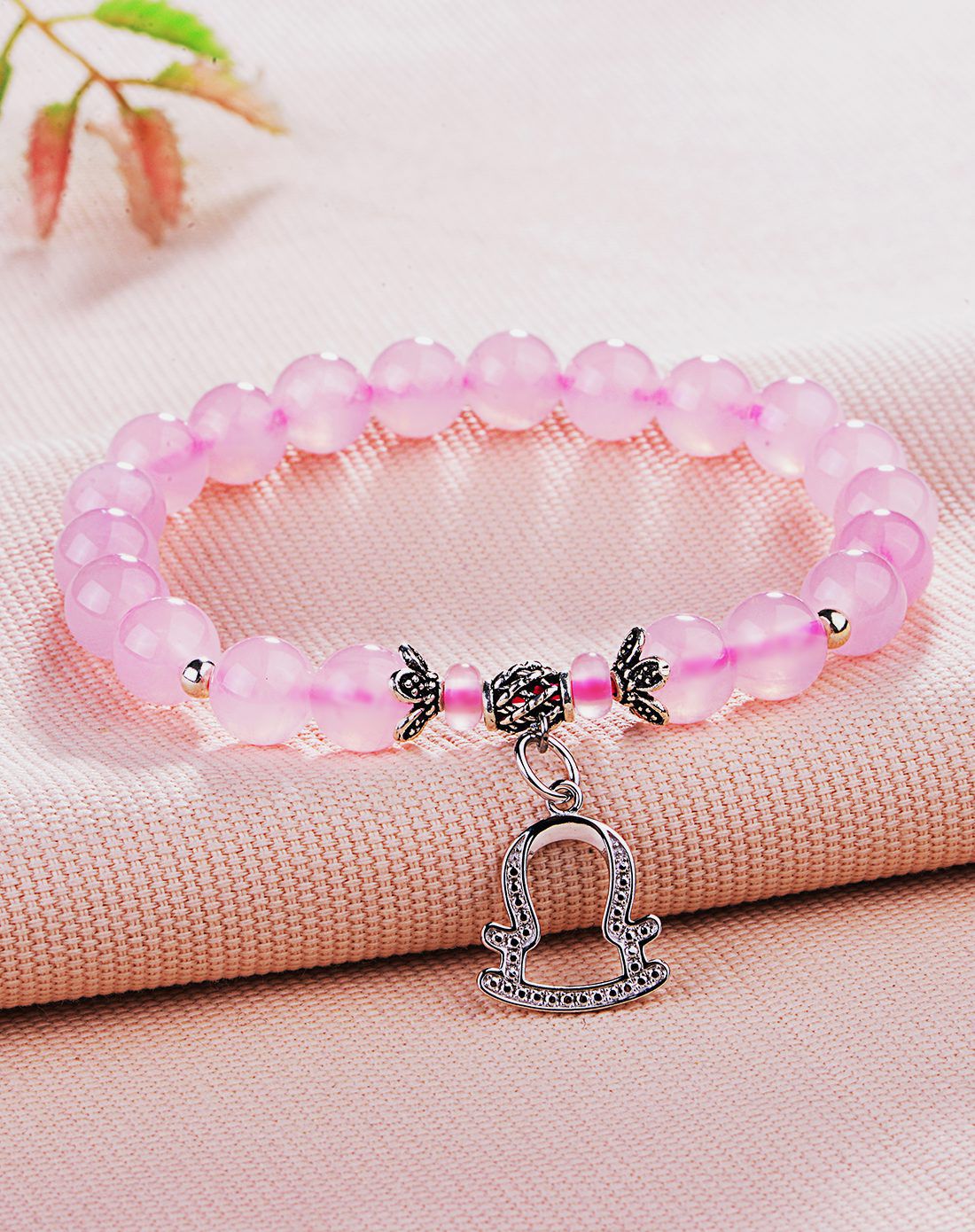 石头记 芙蓉石粉晶十二星座手链925银手串天秤座