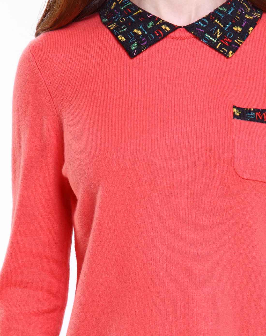 女款t恤领桃红色长袖纯羊绒衫