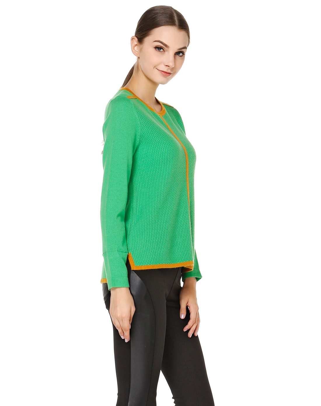 女款翠绿色气质休闲长袖针织衫
