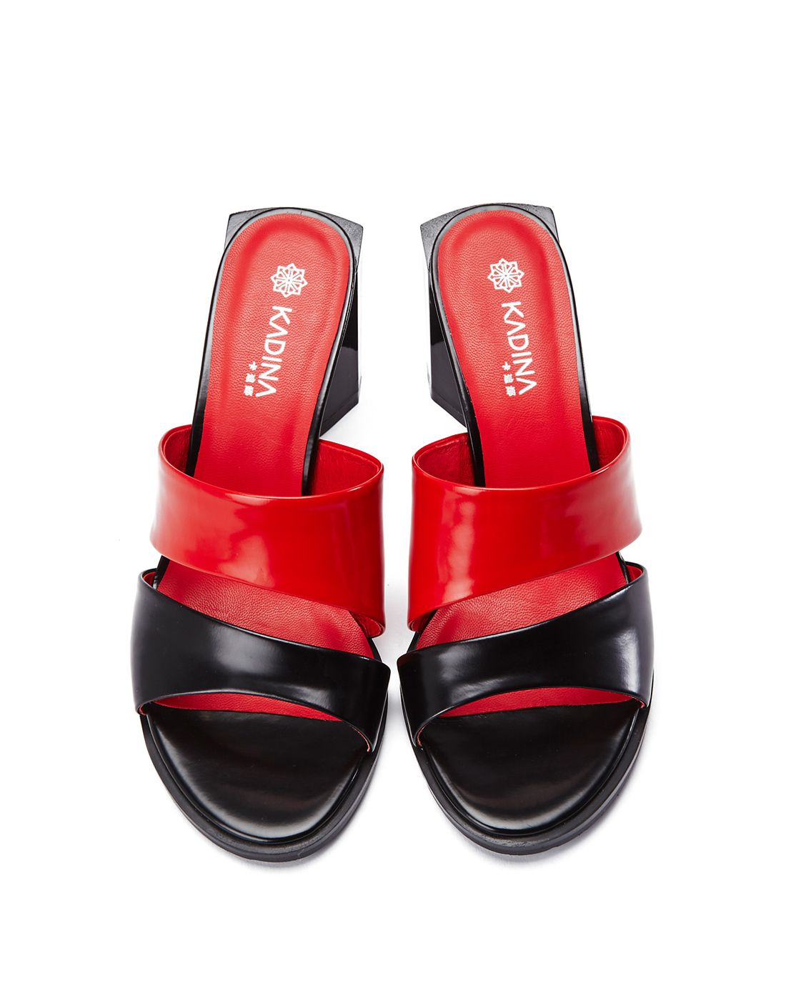 简约黑色/红色牛皮异形跟拖鞋