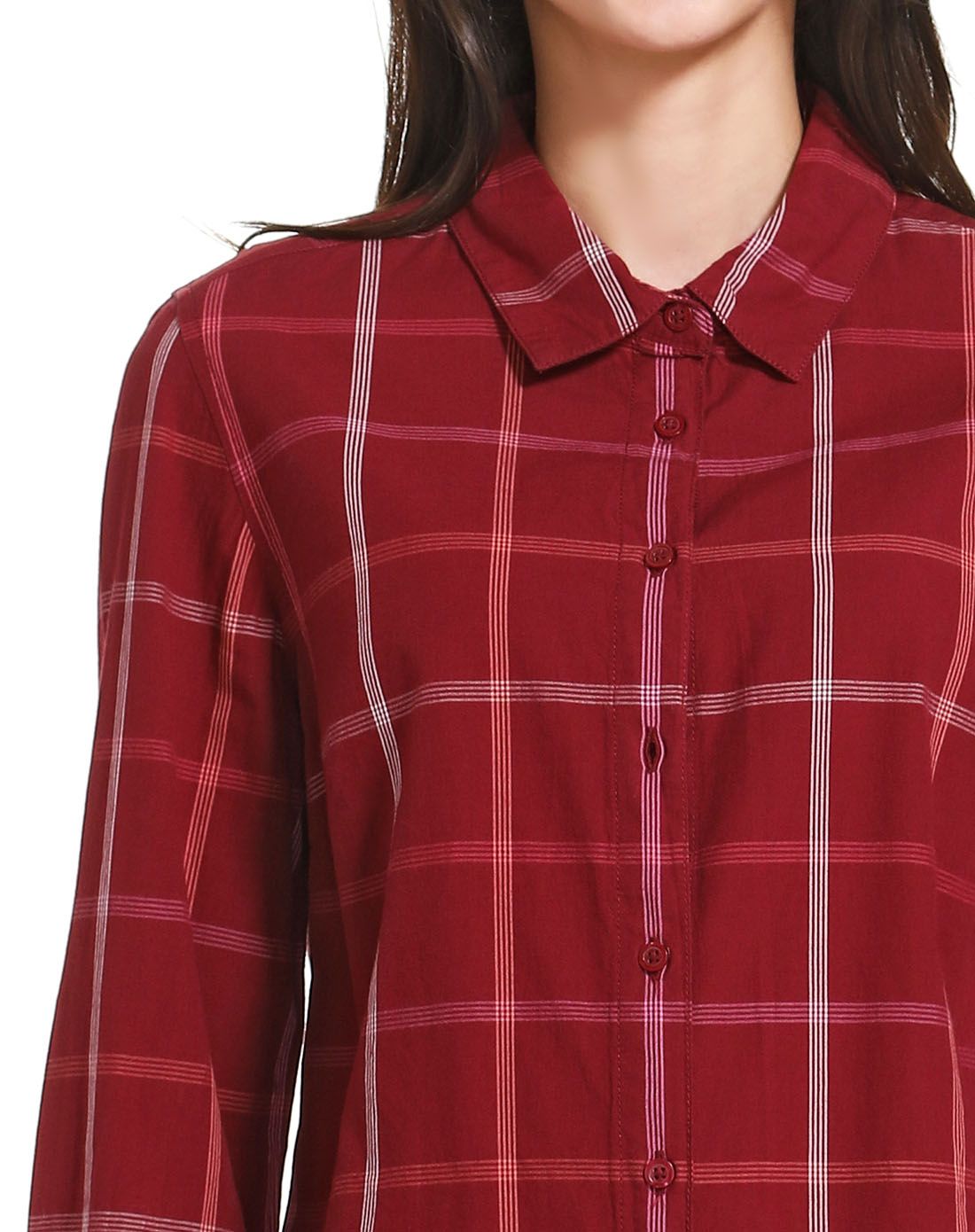 女款酒红色休闲百搭格子长袖衬衫