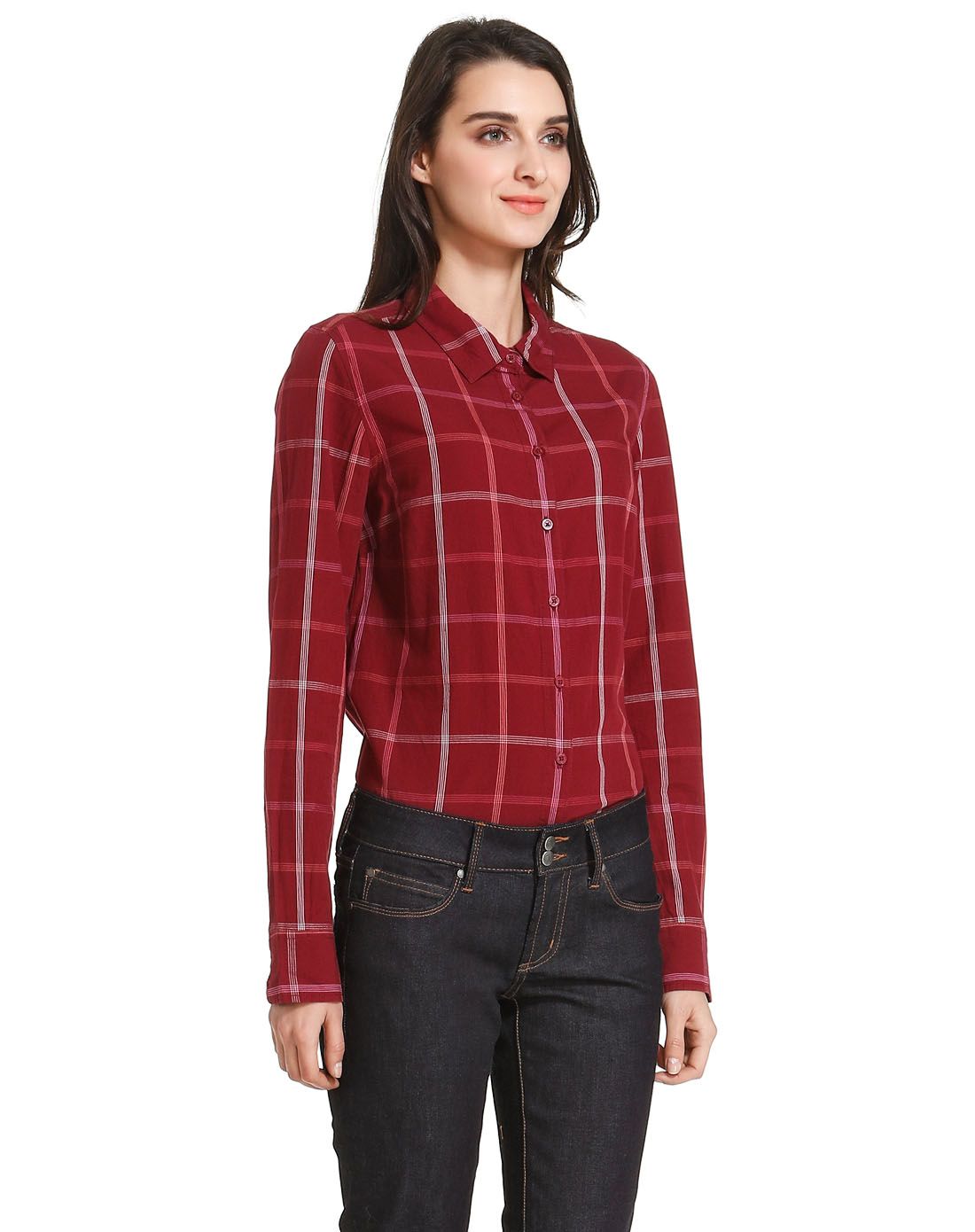 女款酒红色休闲百搭格子长袖衬衫