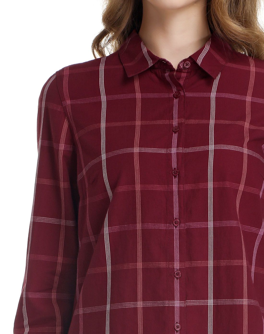 女款酒红色休闲百搭格子长袖衬衫