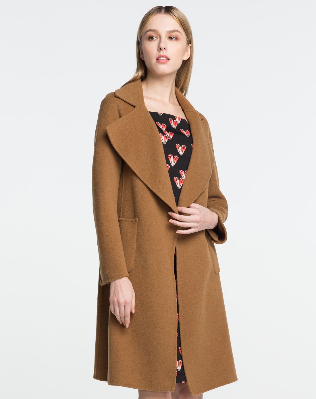 咖啡色羊毛宽领双面呢长袖大衣