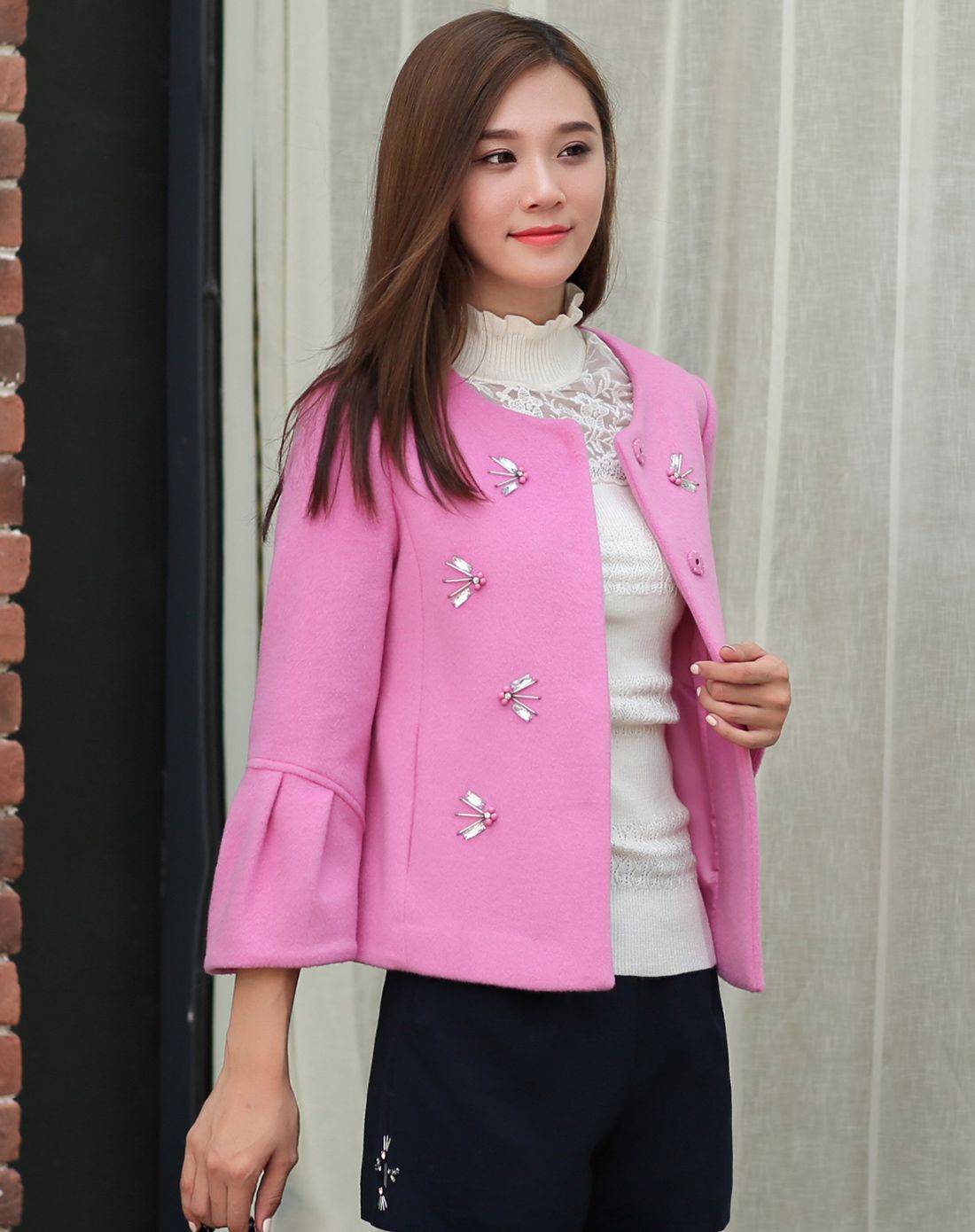 郁香菲女装专场 圆领单排扣中长款毛呢大衣玫红色