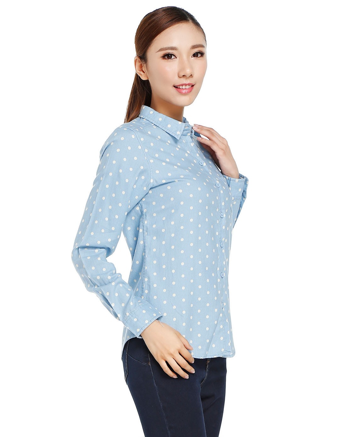 纯棉舒适 女款蓝配米白色长袖衬衫 时尚圆点
