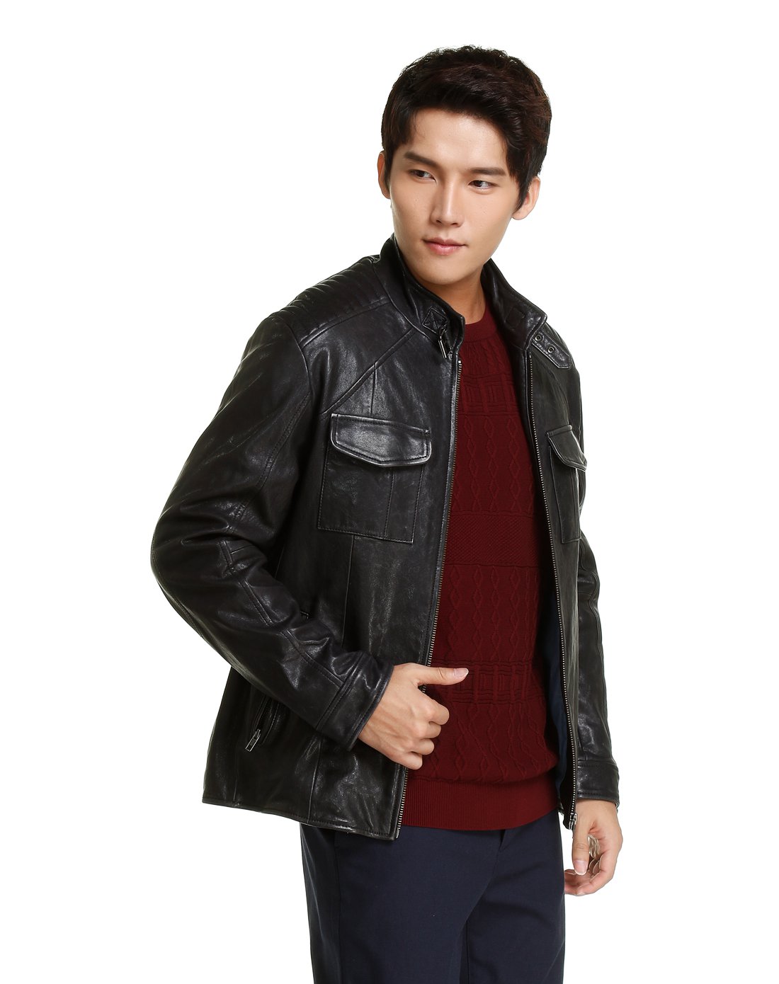 秋装男款时尚潮流立领羊皮皮衣