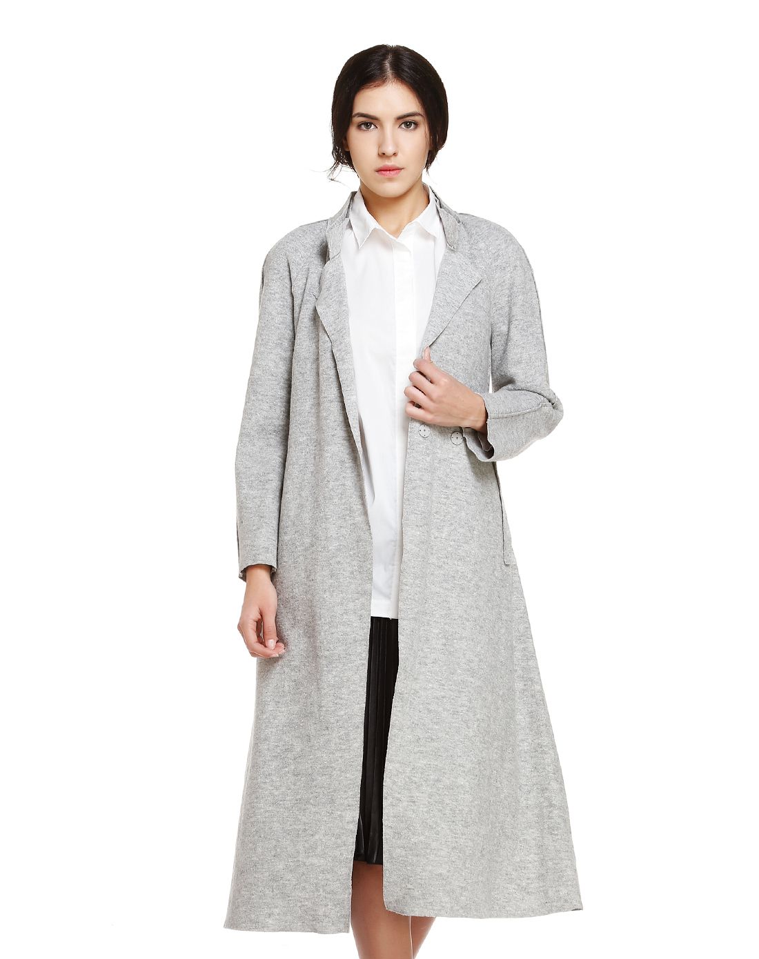 雾道浅灰色时尚魅力双面呢长款外套