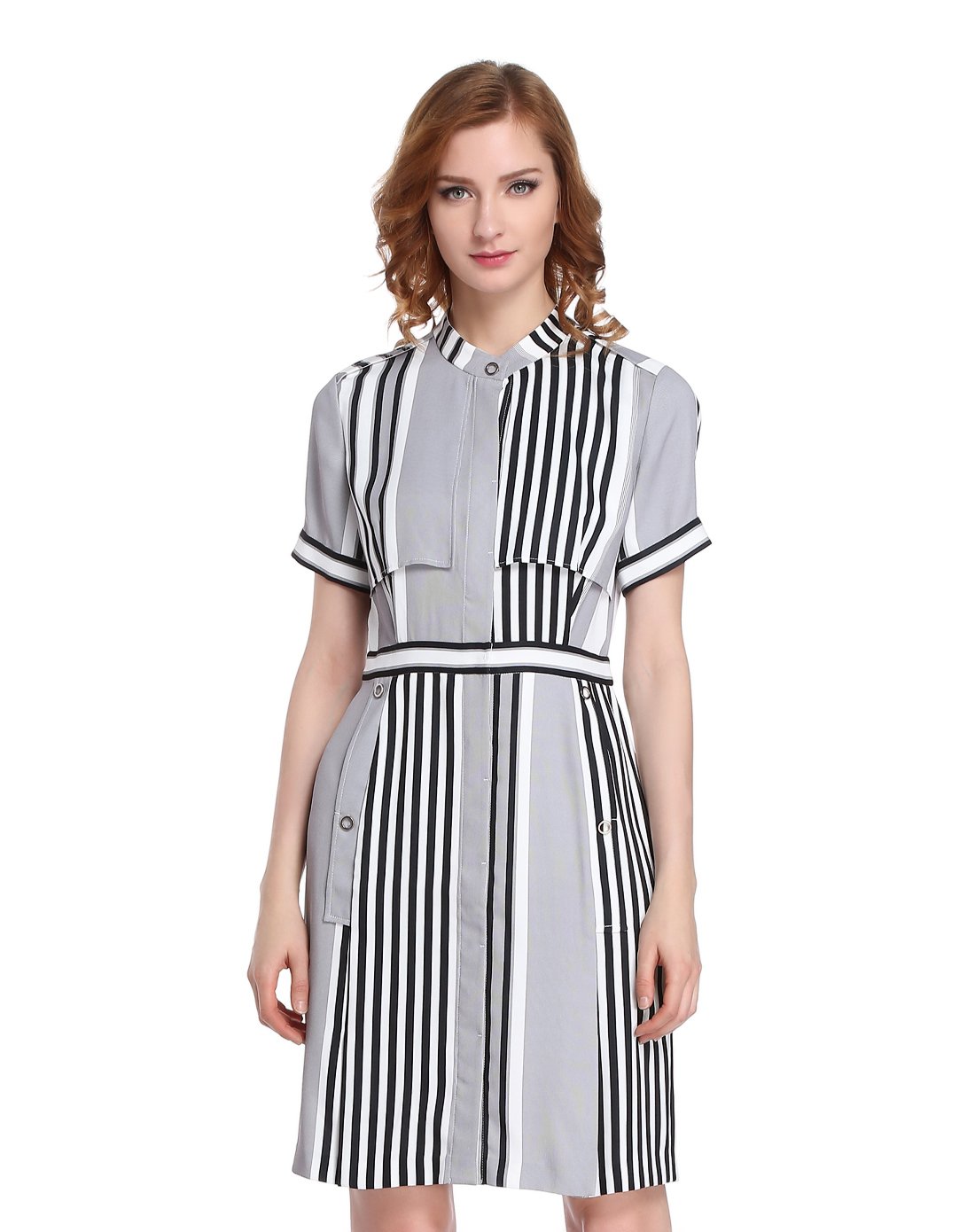 衣恋旗下韩式淑女品牌deco女装专场 小立领条纹拼接短袖连衣裙